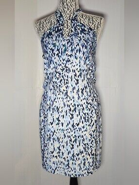 White House Black Market Blue and White Printed Halter Dress